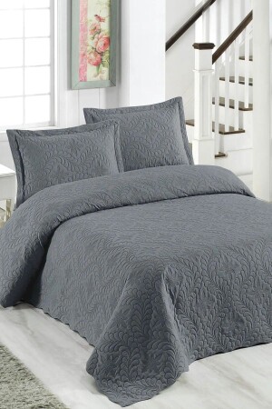 Çift Kişilik 3 Parça Sarmaşık Desen Microfiber Kapitone Antrasit Tek Renk Yatak Örtüsü - Candan Çeyiz