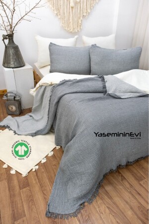 Çift Kişilik Antrasit - Gri Rengi 4 Katlı Müslin Yatak Örtüsü- 2 Adet Yastık Kılıfı elfnew - YASEMİNİNEVİ
