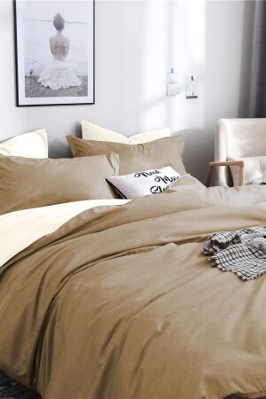 مجموعة غطاء غطاء مزدوج من MNZ-Double Ranforce Double-Side Duvet Cover Set - مع أوراق مرنة - كريم / حليب براون AT79CKKLAS - Alla Turca