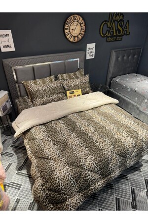 Çift Kişilik Welsoft Pufidik Uyku Seti (Lastikli Çarşaflı) Leopar - Violacasa