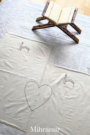 Çift Seccadesi Kabe İşlemeli Minimal Keten Namazlık - Çeyizlik Bohçalık Hediyelik Çift Seccadesi - Mihranur