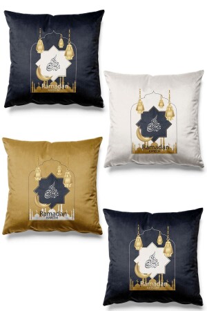 Çift Tarafı Baskılı Ramazan Golden Desenli 4'lü Set Süet Kırlent Kılıfı Ramadan Kareem PLV0S579 - 2