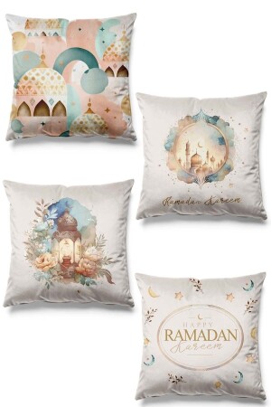 Çift Tarafı Baskılı Ramazan Pudra Desenli 4'lü Set Süet Kırlent Kılıf Ramadan Kareem PLV0S587 - 1