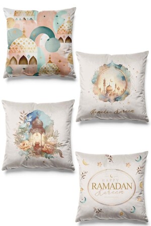 Çift Tarafı Baskılı Ramazan Pudra Desenli 4'lü Set Süet Kırlent Kılıf Ramadan Kareem PLV0S587 - 2