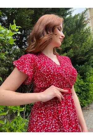 Çıtır Kırmızı Yeni Sezon Kuruvaze Yaka Çiçek Desenli Midi Boy Kemersiz Kadın Elbise - 1