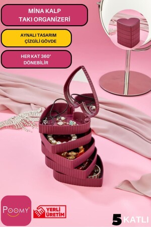 Çizgili Desenli Kalpli Mina 5 Katlı Aynalı Takı Organizeri Mürdüm Renk - Aynalı Takı Organizeri - Poomy