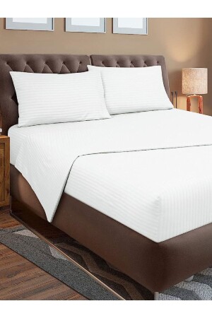 Çizgili Pamuk Saten Battal Boy Nevresim Takımı Lastikli Çarşaflı Otel Beyaz Renkli Pamuk Lüx V2022NEV02 - VESSİNOHOME