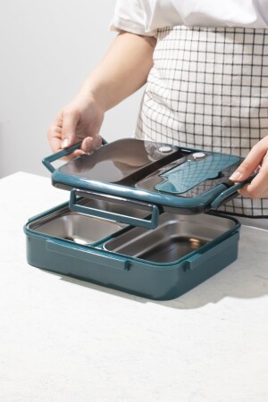 Ckr Çelik Isı Yalıtımlı 3 Bölmeli Yemek Termosu Beslenme Kutusu Lunchbox Sefer Tası - Yeşil - 2