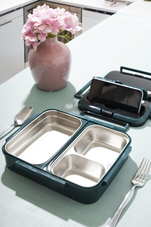 Ckr Çelik Isı Yalıtımlı 3 Bölmeli Yemek Termosu Beslenme Kutusu Lunchbox Sefer Tası - Yeşil - 3