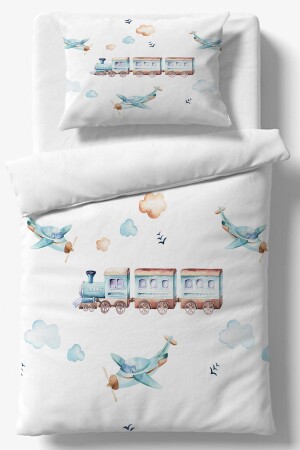 Clouds Airplane Train Patterned Single Children's Duvet Cover Set elsedekorcocnevx15 - 1