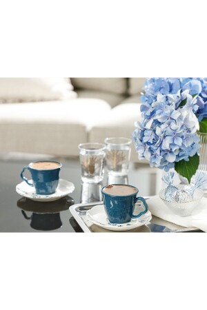MNZ-Clover زهرة فنجان القهوة البورسلين مجموعة لشخصين 80 مل أبيض - أزرق 10032332 - English Home