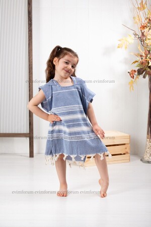 Çocuk Bornoz Panço %100 Pamuk Plaj Havlusu Peştemal Lacivert - Formeya