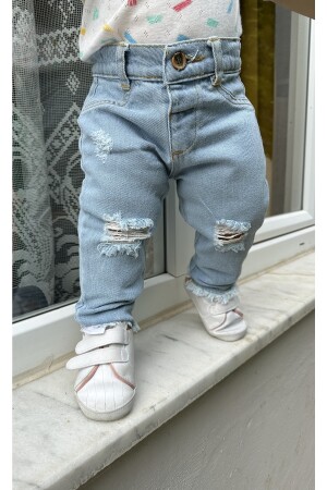 Çocuk Jean Denim Pantolon Yırtık Ve Paça Kesik Detaylı Beli Ayarlanabilir Lastikli - 1