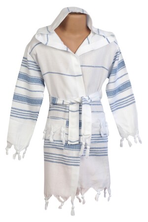 Çocuk Mavi Çizgili Kapşonlu Peştemal Bornoz YtPesCocukBorMaviCiz - YILMAZLAR TEKSTİL