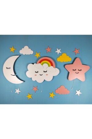 Çocuk Odası Dekoratif Ahşap Ay Gökkuşağı Bulut Sevimli Yıldız Gece Lambası Ledli Aydınlatma fbrkahsp0342 - 3