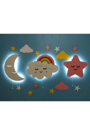 Çocuk Odası Dekoratif Ahşap Ay Gökkuşağı Bulut Sevimli Yıldız Gece Lambası Ledli Aydınlatma fbrkahsp0342 - 1