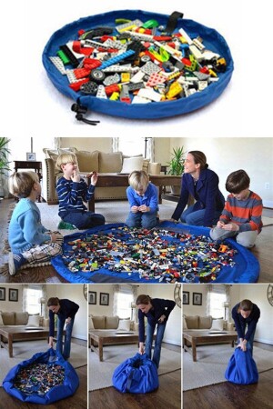 Çocuk Oyuncak Hurcu Çanta Oyun Halısı Lego Puzzle ve Yapboz Eğitici Oyuncaklar Sepeti Mavi BNDHRC001 - 2