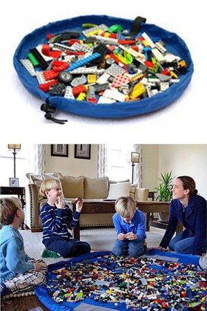 Çocuk Oyuncak Hurcu Çanta Oyun Halısı Lego Puzzle ve Yapboz Eğitici Oyuncaklar Sepeti Mavi BNDHRC001 - 4
