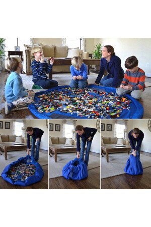 Çocuk Oyuncak Hurcu Çanta Oyun Halısı Lego Puzzle ve Yapboz Eğitici Oyuncaklar Sepeti Mavi BNDHRC001 - 5