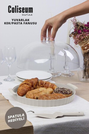 Coliseum Beyaz Yuvarlak Kek - Pasta Fanusu - Okyanus Home