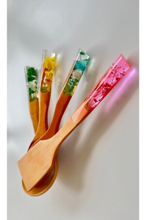 Colorful Serisi El Yapımı Bambu Kaşık Seti-ahşap-tahta Kaşık 4'lü Set -2 Kaşık, Kepçe, Spatula LSN1019 - 3