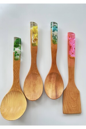 Colorful Serisi El Yapımı Bambu Kaşık Seti-ahşap-tahta Kaşık 4'lü Set -2 Kaşık, Kepçe, Spatula LSN1019 - 6