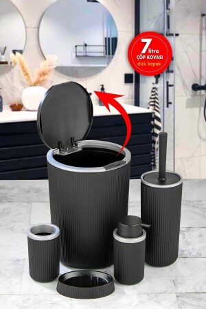Çöp Kovası Tuvalet Fırçası Sabunluk Diş Fırçalık Katı Sabunluk 5 Parça Banyo Seti Siyah S-430-3-s PRA-5673466-5892 - 2