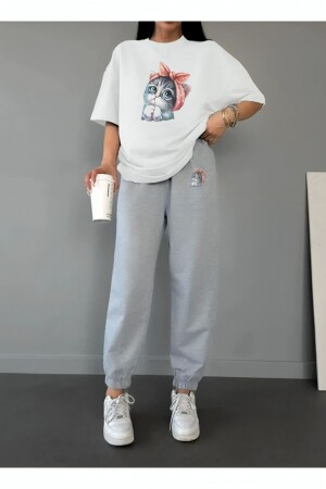 COPY – Süße Katze, weißes T-Shirt, graue Jogginghose, Jogger – Bottom-Top-Trainingsanzug-Set mit Rundhalsausschnitt - 1