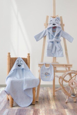 Cottonbox Baby-Bademantel-Set, Bademantel + Pucktuch + Schürze, Blauer Bär, DGDK8738 - 1