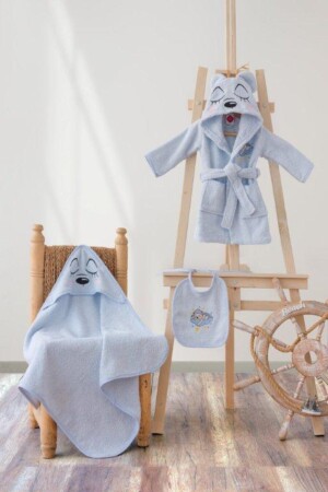 Cottonbox Baby-Bademantel-Set, Bademantel + Pucktuch + Schürze, Blauer Bär, DGDK8738 - 3