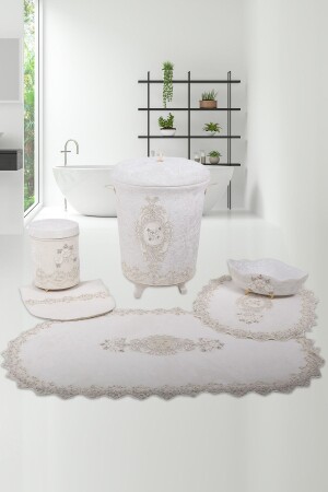 Creme Lisa French Lace Badezimmer-Set für Schmutzwäschekorb und Toilette, 6-teilig BnyLisa6PrçBanKlzSet - 1