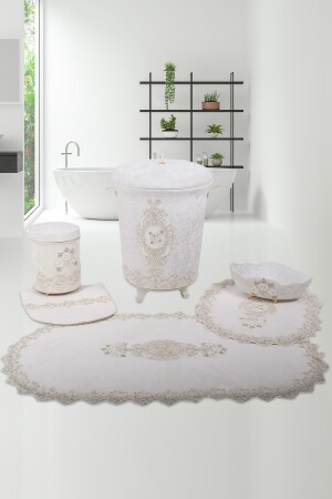 Creme Lisa French Lace Badezimmer-Set für Schmutzwäschekorb und Toilette, 6-teilig BnyLisa6PrçBanKlzSet - 3