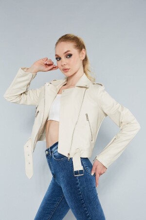 Cremefarbene Damen-Lederjacke mit Reißverschlussärmeln - 1