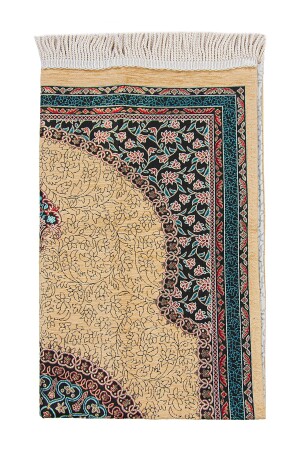 Cremefarbener, gestrickter, mit Mihrab gefütterter Chenille-Gebetsteppich mit Fransen und traditionellem Motiv - 5