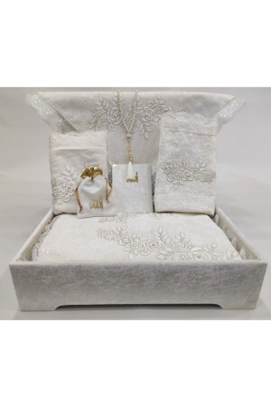 Cremefarbenes 8-teiliges Luxus-Gebetsteppich-Set mit Stauraum, Bundle-Set aus französischem Guipure-Samt, 557055 - 2