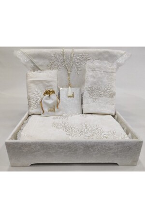 Cremefarbenes 8-teiliges Luxus-Gebetsteppich-Set mit Stauraum, Bundle-Set aus französischem Guipure-Samt, 557055 - 1