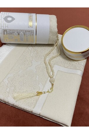 Cremefarbenes Gebetsteppich-Set mit Kaaba-Muster – Gebetsteppich – Perlen-Tasbih-Geschenk - 2