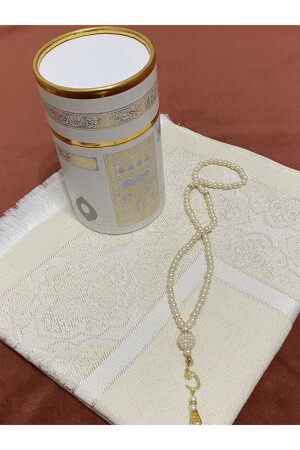 Cremefarbenes Gebetsteppich-Set mit Kaaba-Muster – Gebetsteppich – Perlen-Tasbih-Geschenk - 4