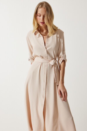 Cremefarbenes Hemdkleid für Damen mit Gürtel DD01256 - Happiness İstanbul