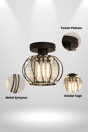 Crepuscolo Model Siyah Renk Metal Kristal Taşlı Salon Mutfak Yatak Oturma Odası Plafonyer Avize - 5