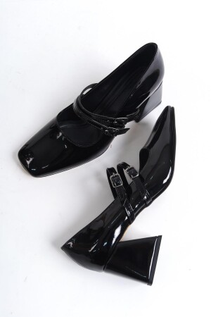 Culia Siyah Rugan Mary Jane Çift Bant Küt Burun Topuklu Ayakkabı - 1