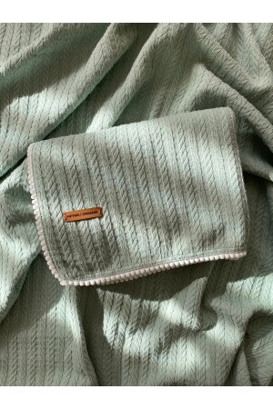 Cunda Serisi Örgü Desen %100 Pamuk Bebek Pike Battaniye Mint Yeşili - 110x100 Cm - Heybeli Organik