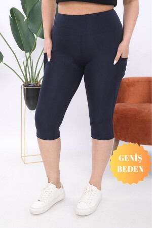 Curve Damen-Capri-Strumpfhose, große Größe, Marineblau, hohe Taille, schmale Doppeltasche unterhalb des Knies - 1