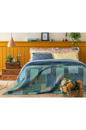 Daisy Fest Patchwork Tek Kişilik Çok Amaçlı Örtü 160x220 Cm Petrol Mavisi 10038451 - English Home