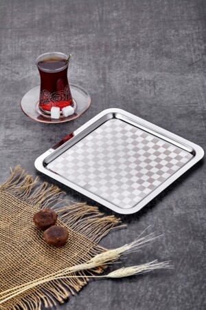 Damalı 4 Adet Kare Sunum Tepsisi Gümüş Çelik Gümüş Sunum 21 X 21 Cm Çay Kahve Tatlı Servis Sunum Dama Desenli Sunum Tepsisi - 4