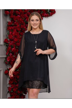 Damen-Abendkleid, Oberteil, Chiffonrock und Ärmelsaum, Pailletten, Schwarz - Haimoda