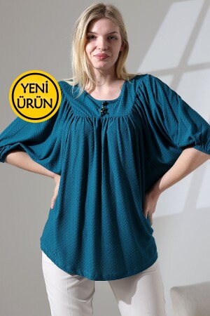 Damen-Ballon-Bluse mit drei Viertelärmeln, gerafftem Knopf, ovalem Rock und Jacquard-Strickbluse - 1