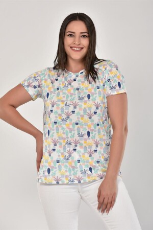 Damen-Basic-T-Shirt mit Ecru-Kaktus-Print PRA-489606-152508 - 1