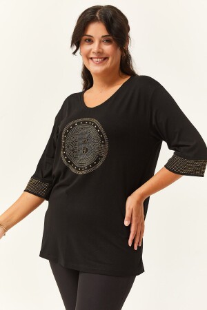 Damen-Bluse in Übergröße in Schwarz mit Stone-Print vorne und an den Ärmeln - 1