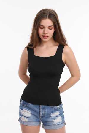 Damen-Bluse, schwarz, ärmellos, dicke Träger, Sportler, dünn, Sommer, quadratischer Kragen, Strickwaren - 1